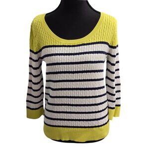 JEANNE PIERRE  M Cable Knit Striped 3/4 Sleeve Sweater Yellow White Navy Preppy